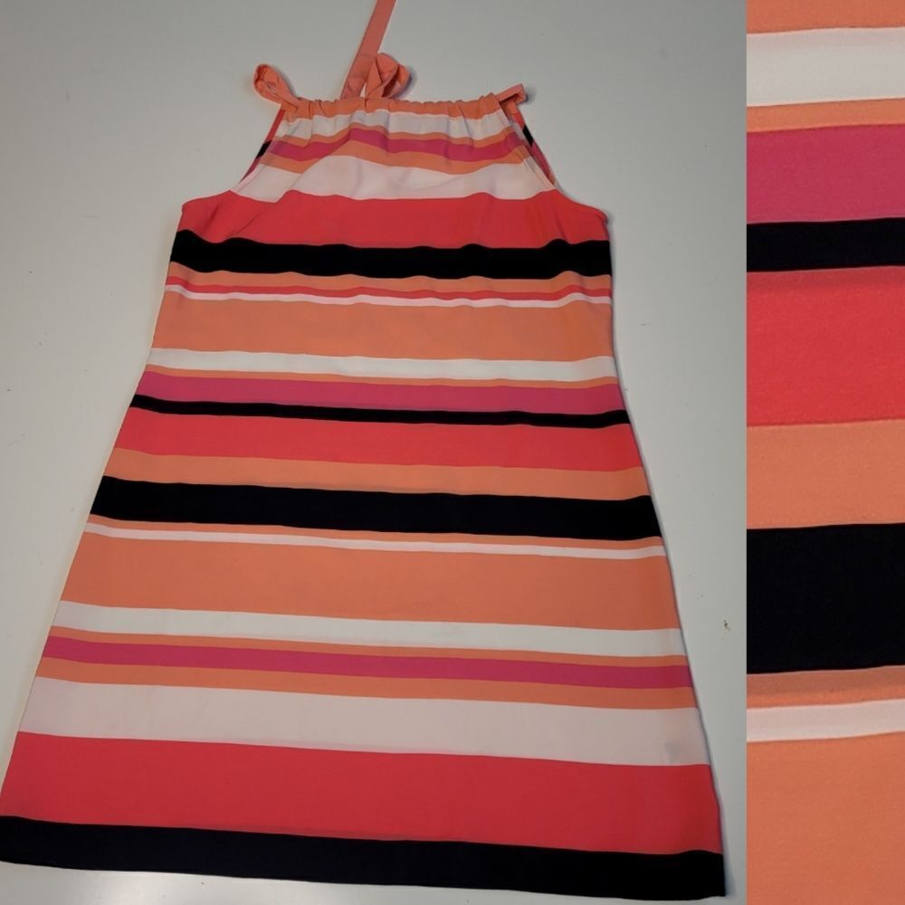 L CROWN & IVY preppy coral navy blue pink striped halter sleeveless dress LARGE